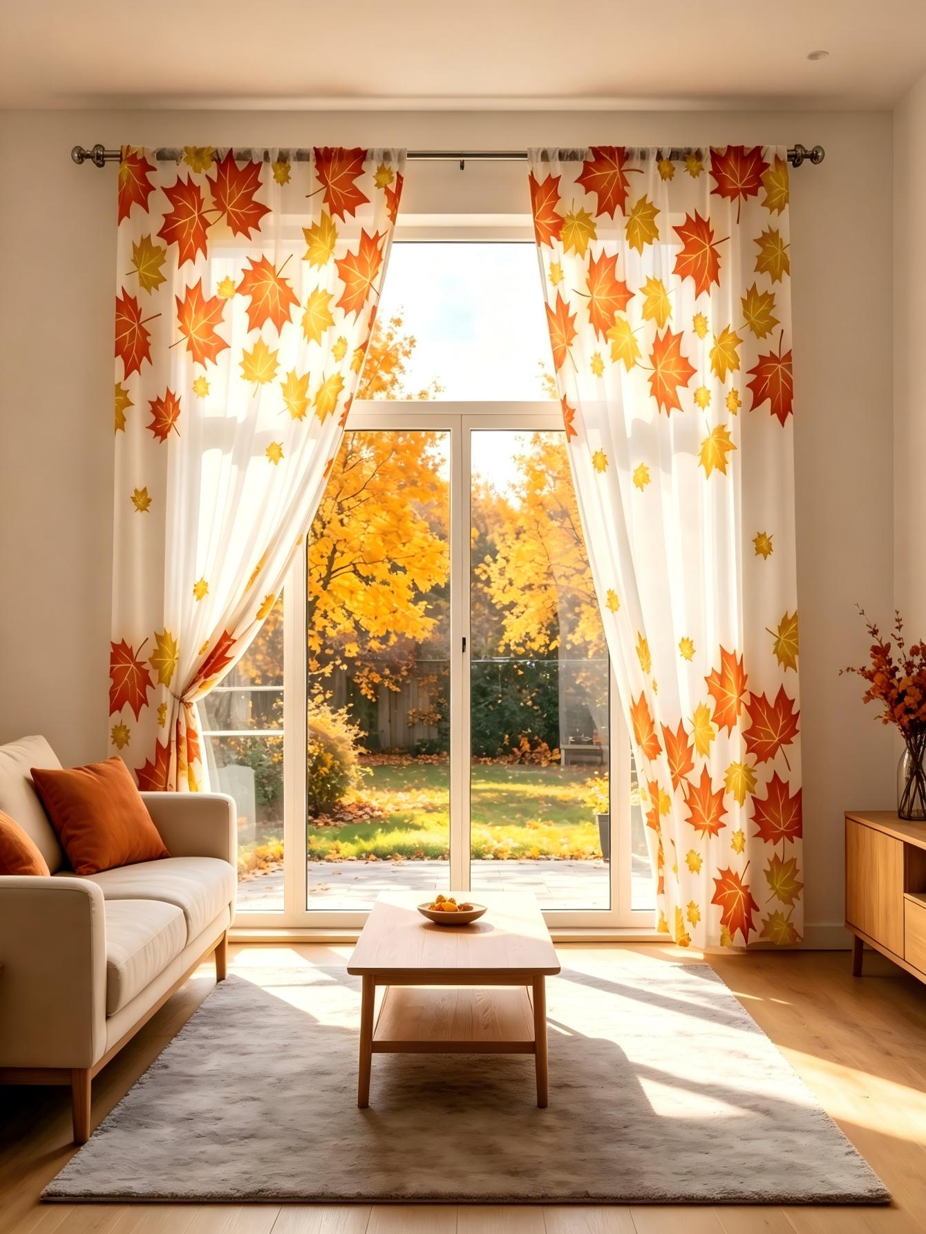 Home Decor Orange - 2 STUKS Digitaal bedrukt transparant gordijn,